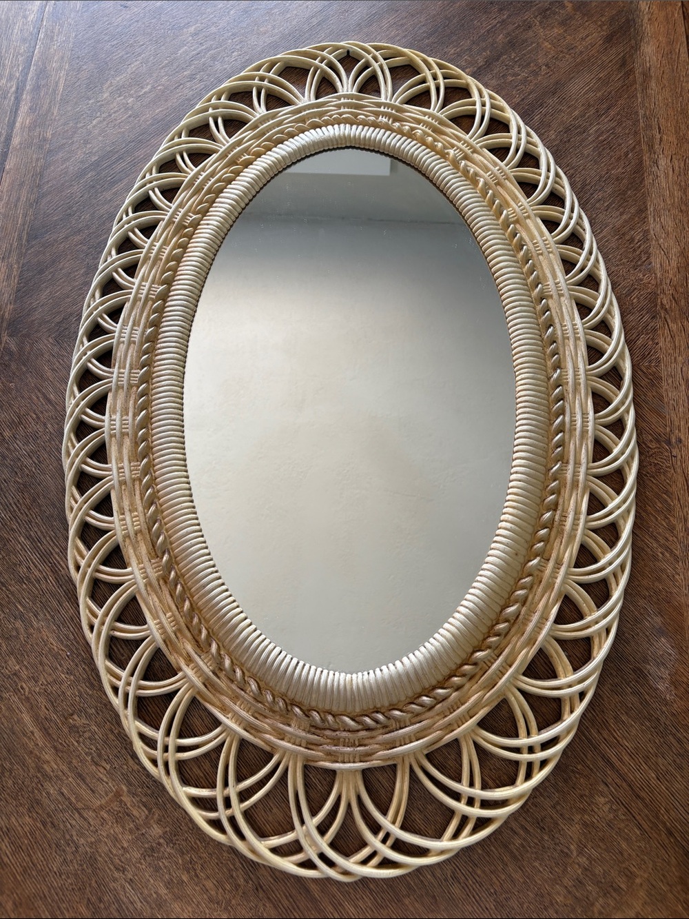 VTG 1973 Burwood Products Faux Wicker Oval Mirror Cream 4701